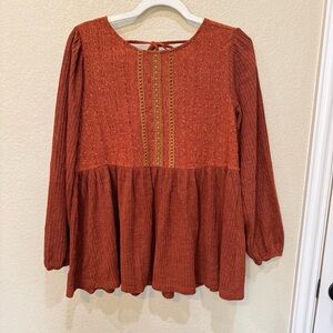 L Love Burnt Orange Bishop Sleeve Blouse – Size Small